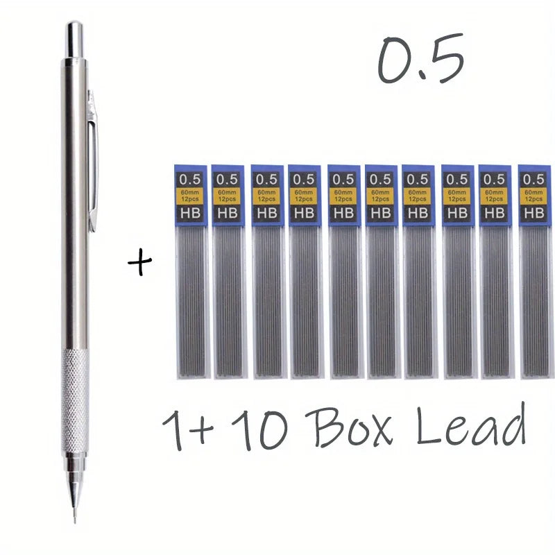 Pencil with lead refills labeled '0.5' and '1+10 Box Lead' on a white background.