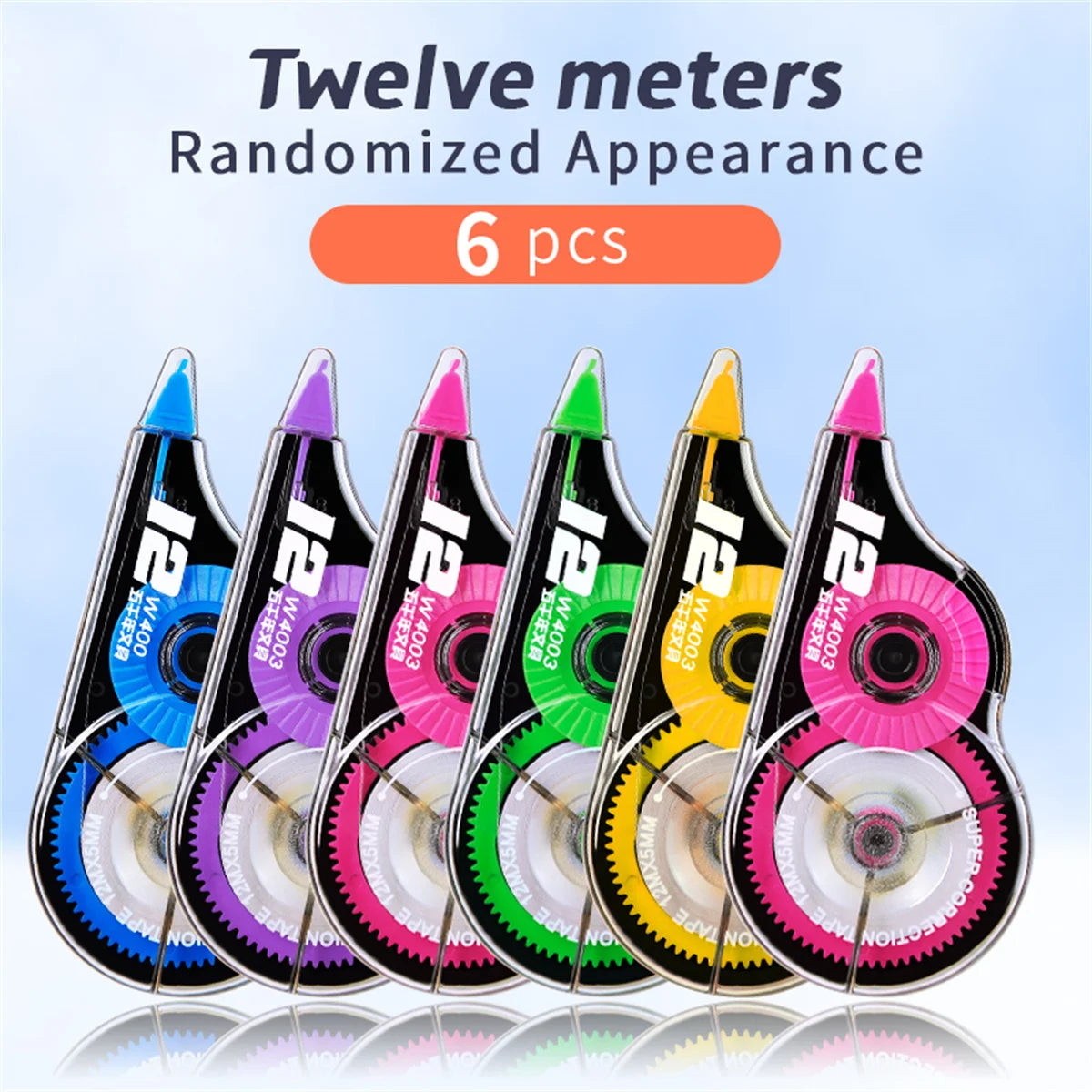 Six colorful correction tapes with '12' branding on a light blue background