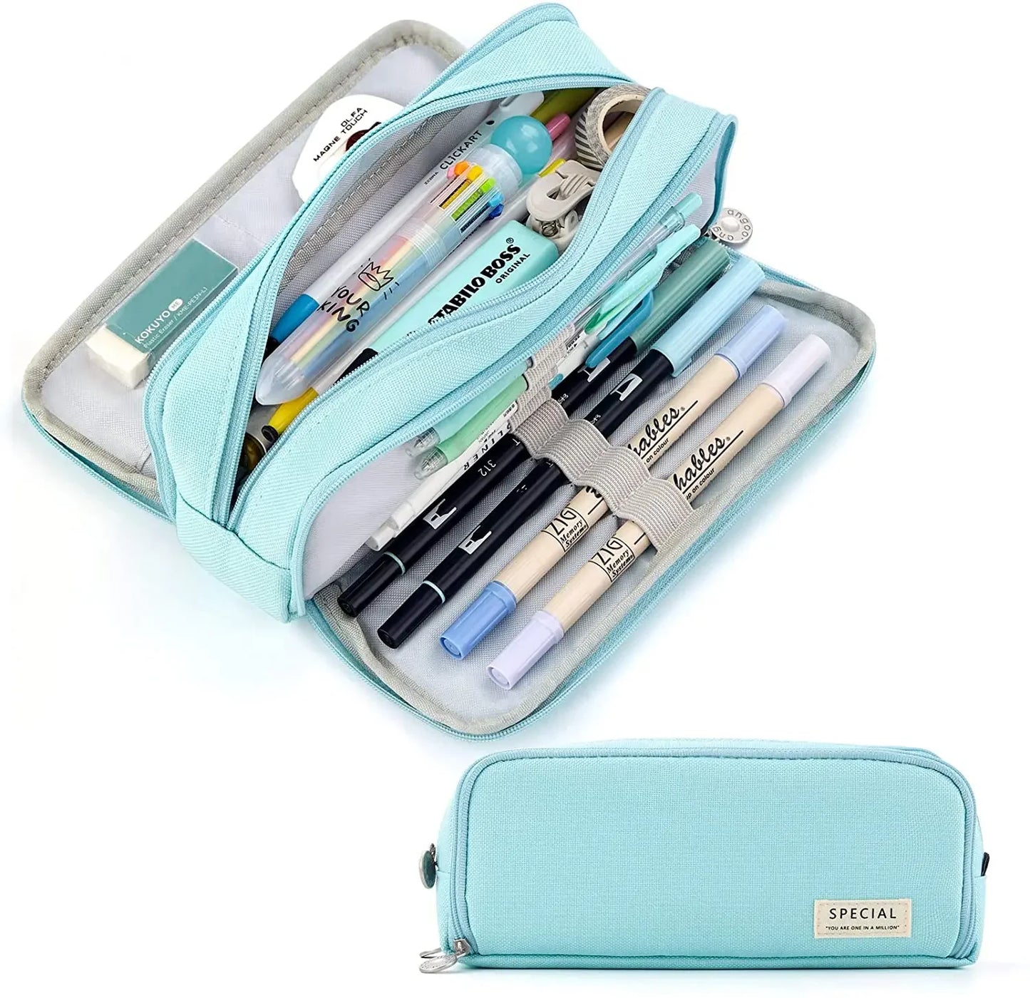 Light blue pencil case with stationery items on a white background