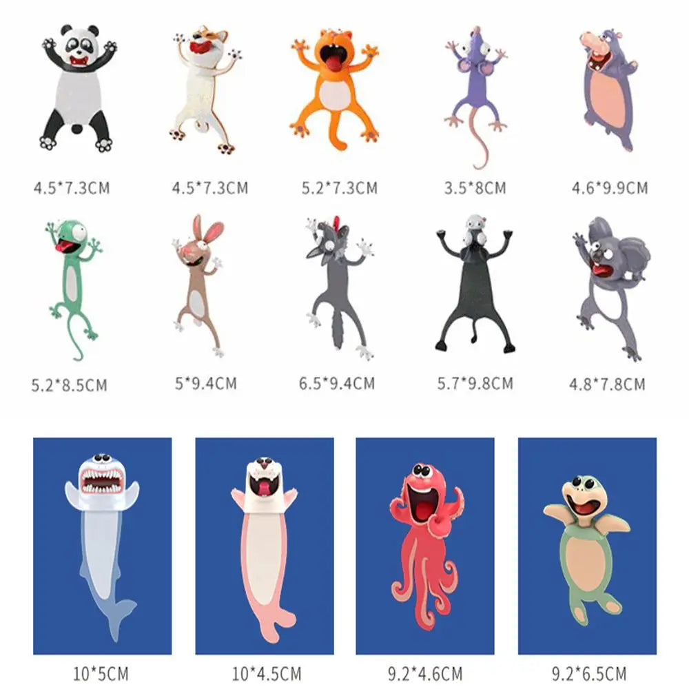 Set of cartoon character figurines with dimensions labeled below each.