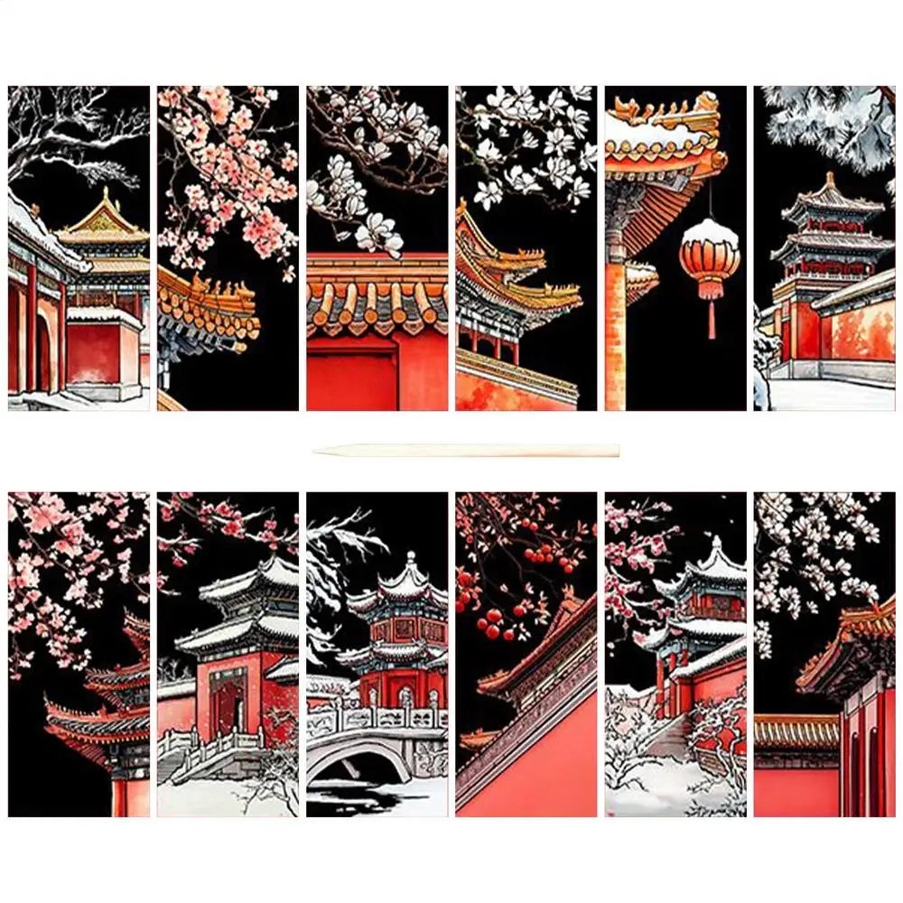 Set of cards with traditional Chinese architecture and cherry blossoms on a black background