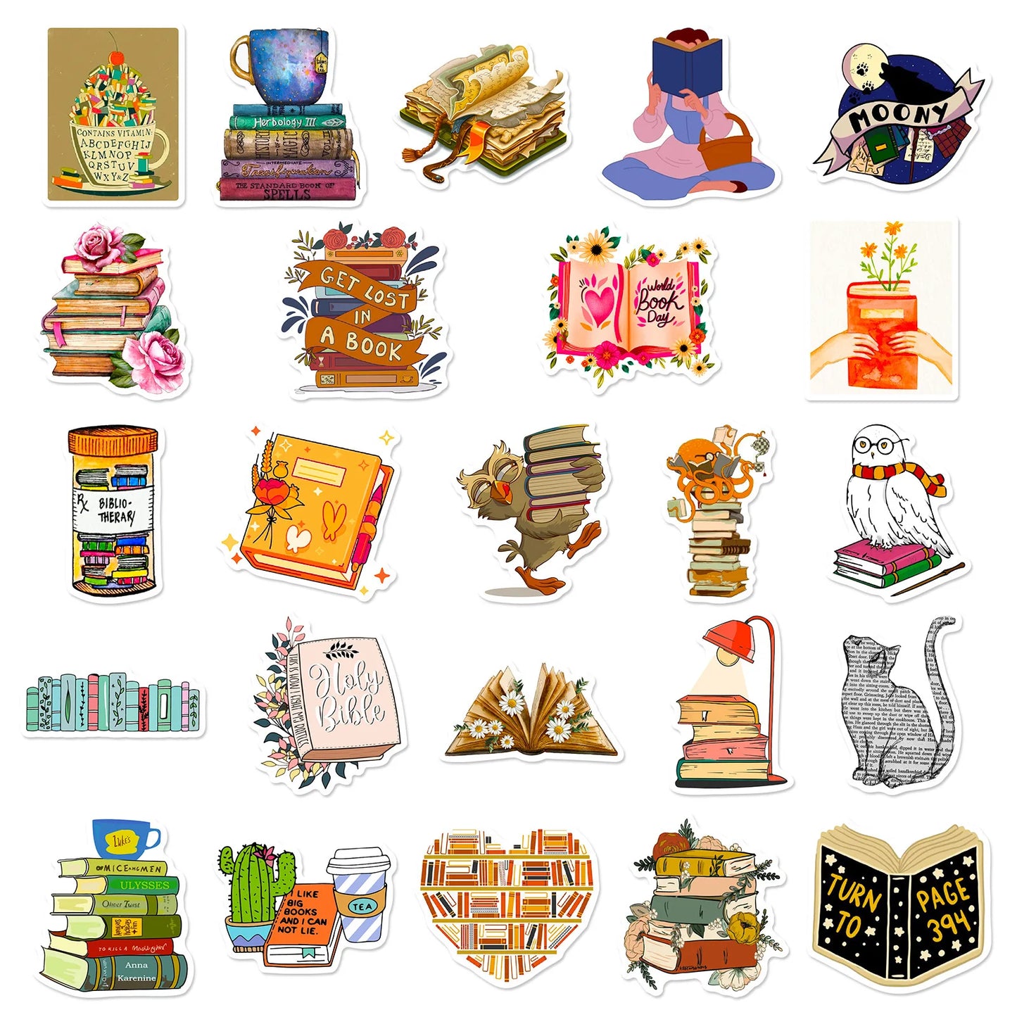 Collection of book-themed stickers with various designs on a white background