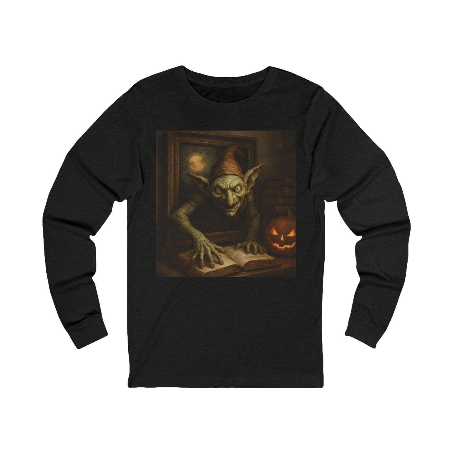 Black long-sleeve shirt with a goblin and pumpkin design on a white background