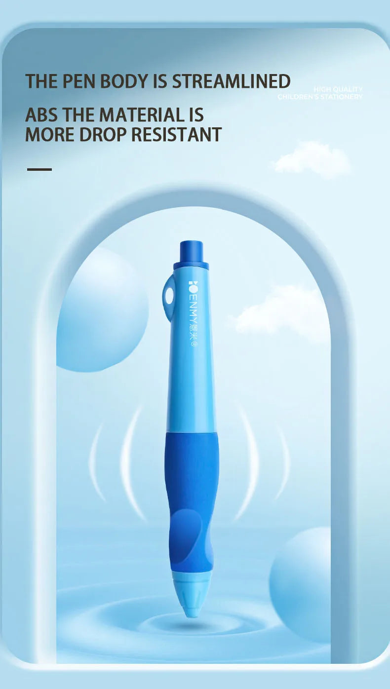 Blue pen with text on a light blue background