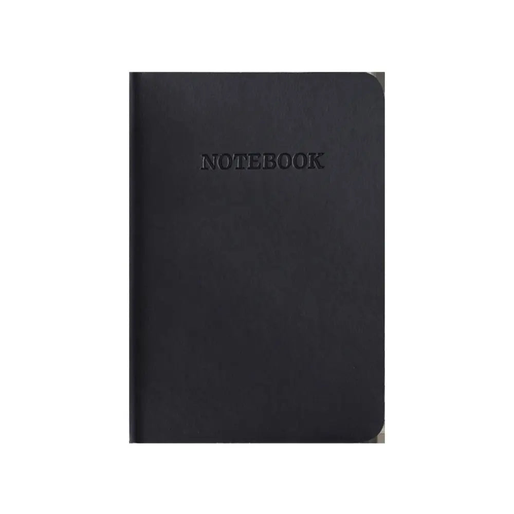 Black notebook with 'NOTEBOOK' text on a white background