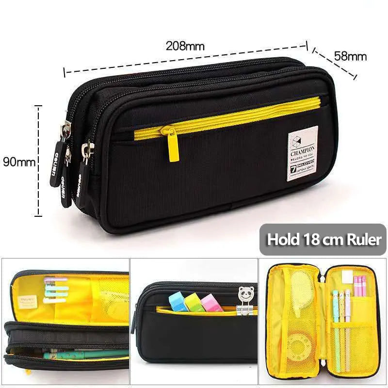 Black pencil case with yellow zipper and measurements on a white background
