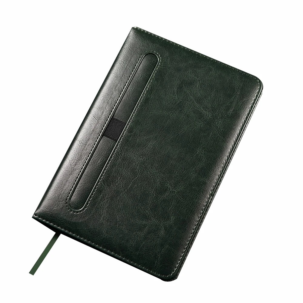 Black leather notebook with a pen holder on a white background