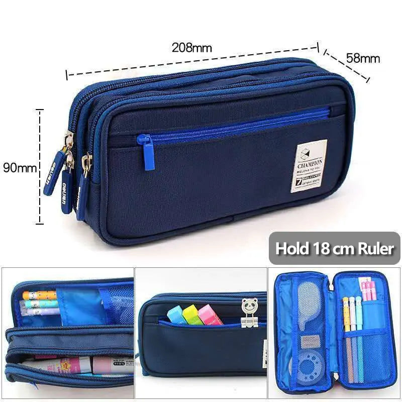 Blue pencil case with measurements and product details on a white background