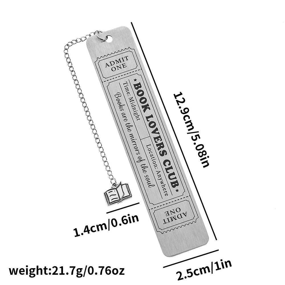 Metal bookmark with chain, dimensions, and weight information on a white background