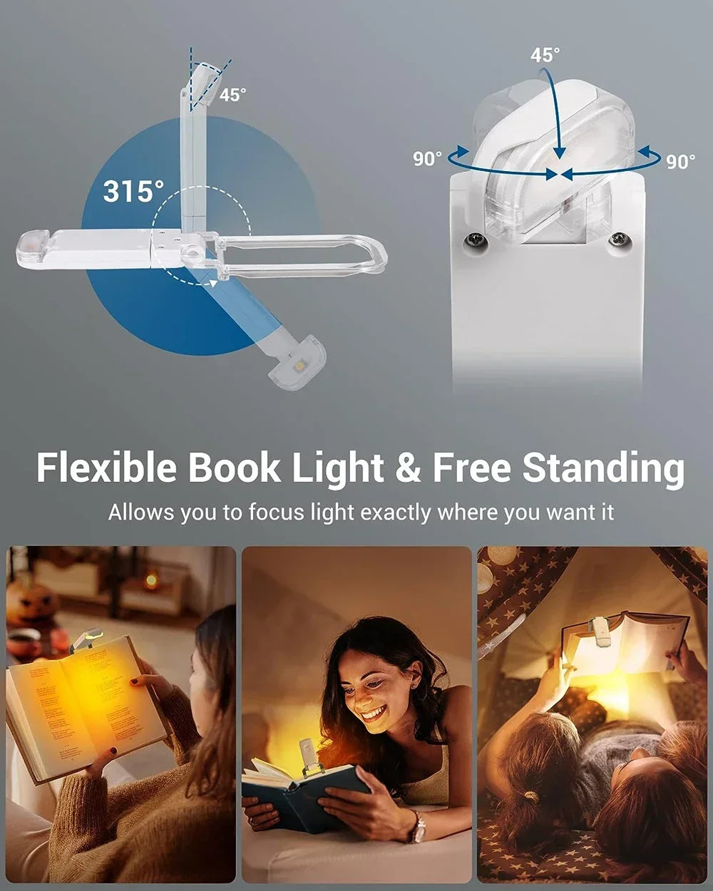 Flexible book light with adjustable angles and usage scenarios on a gray background