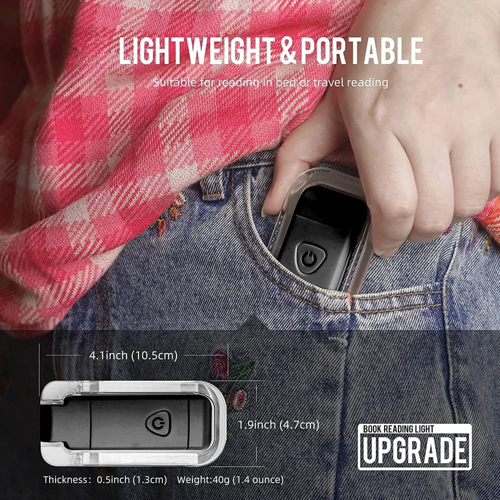 Hand holding a small electronic device with text about its lightweight and portable nature.