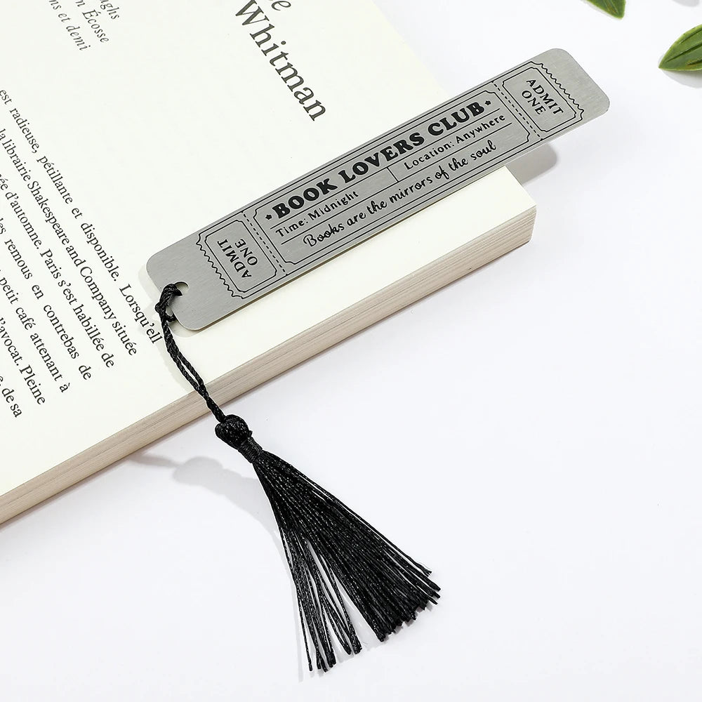Bookmark with tassel on a book, featuring 'Book Lovers Club' text.