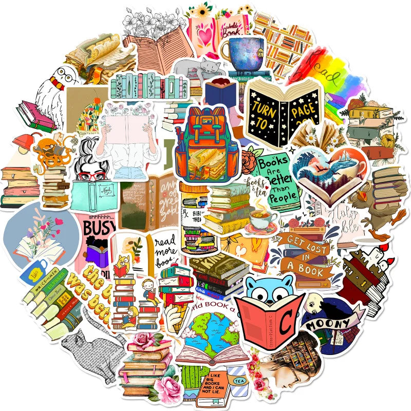 Collection of colorful book-themed stickers on a white background
