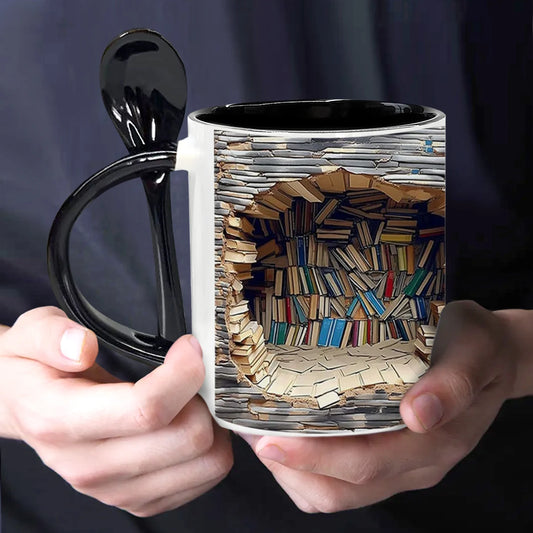 Mug with a bookshelf design held by two hands against a dark background