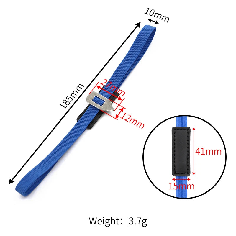 Blue strap with measurements and weight details on a white background