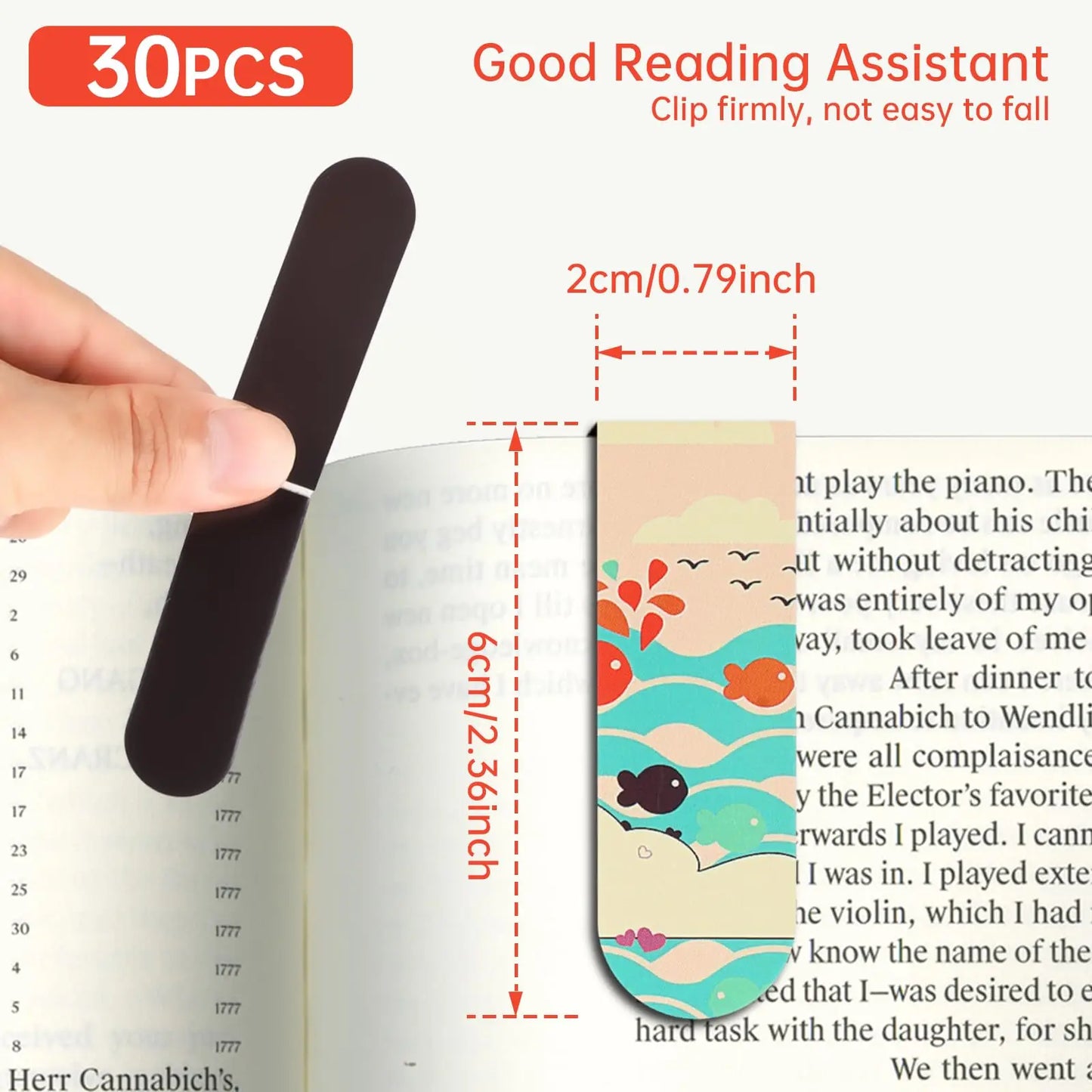 Good Reading Assistant with dimensions and usage instructions on a book