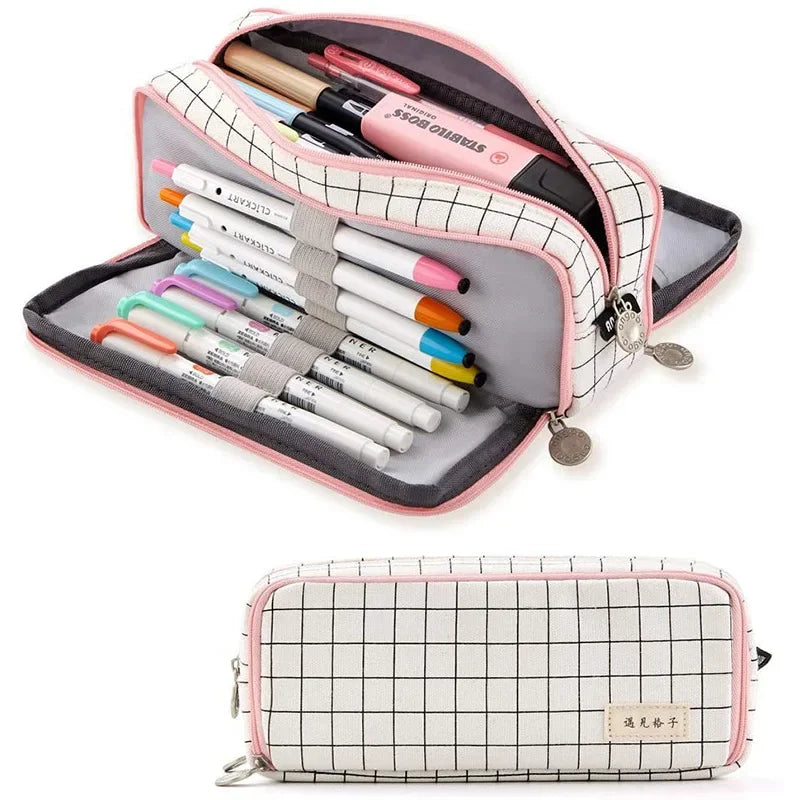 Grid-patterned pencil case with stationery items on a white background
