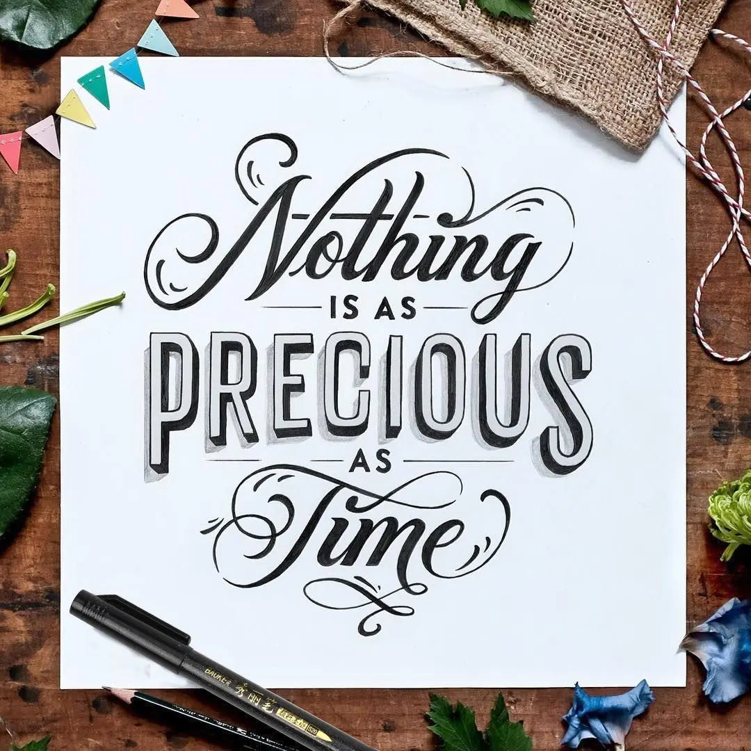 Motivational quote 'Nothing is as precious as time' on a white card with decorative elements on a wooden surface.