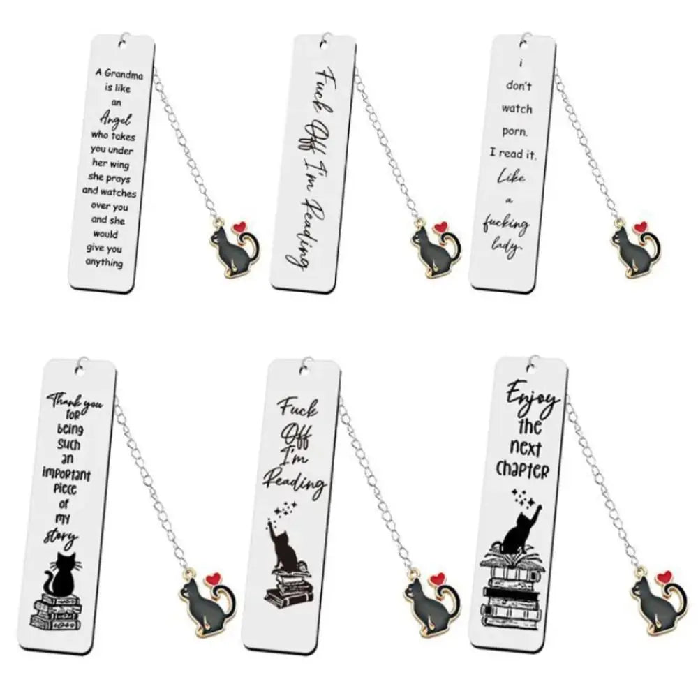 A collection of nine silver metal bookmarks with various cat-themed inscriptions and designs, attached to a chain with a bell.