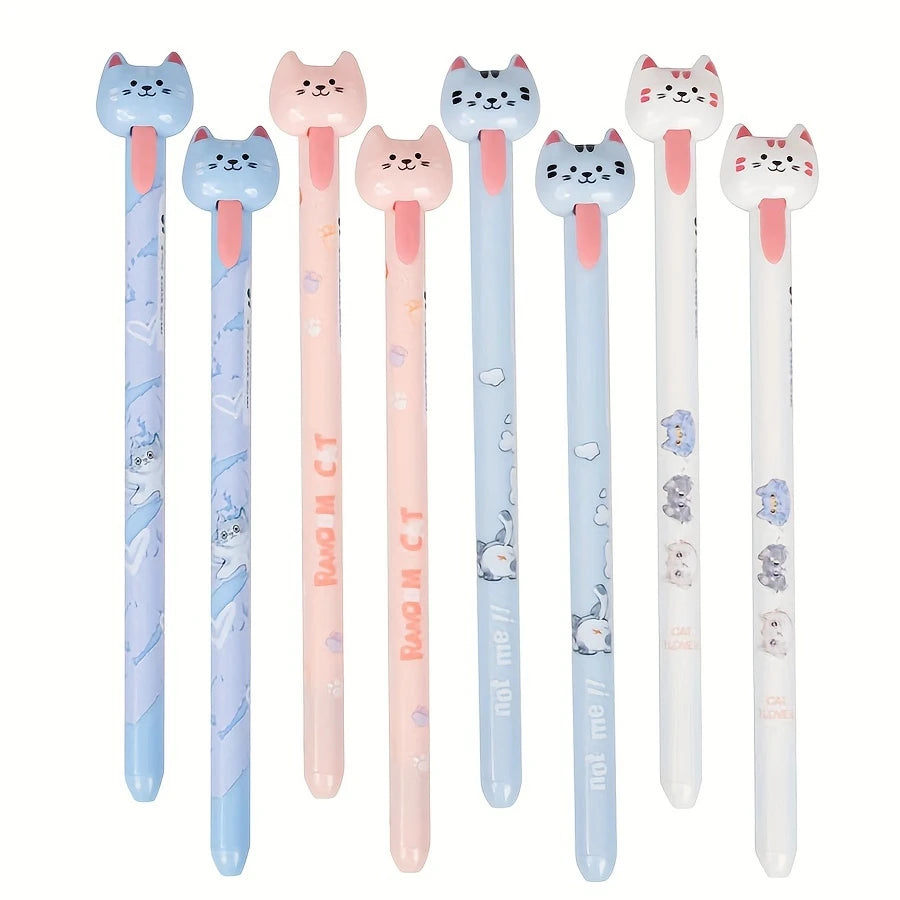 Set of eight cat-shaped pens with different color bodies on a white background