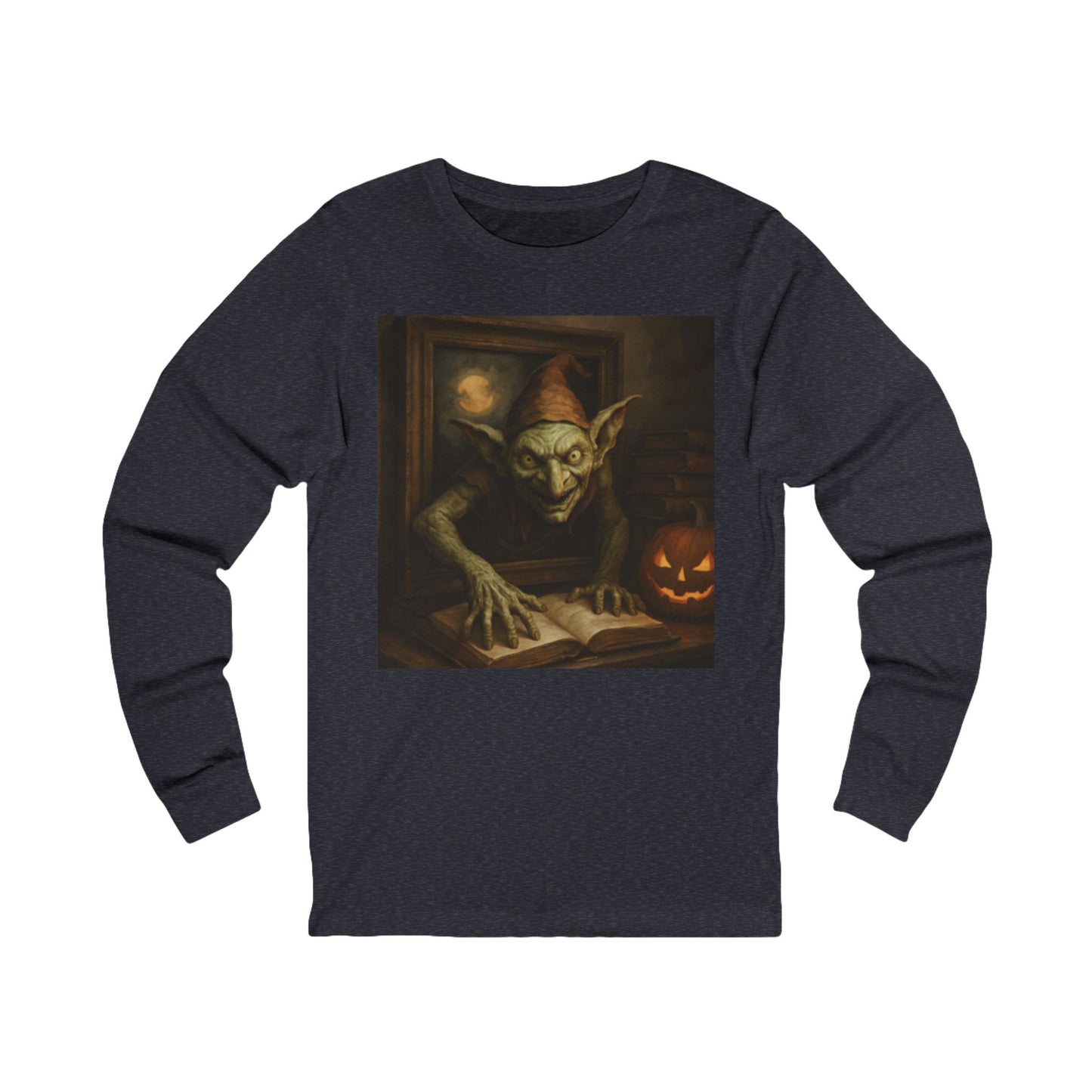 Black long-sleeve shirt with a goblin and pumpkin design on a white background