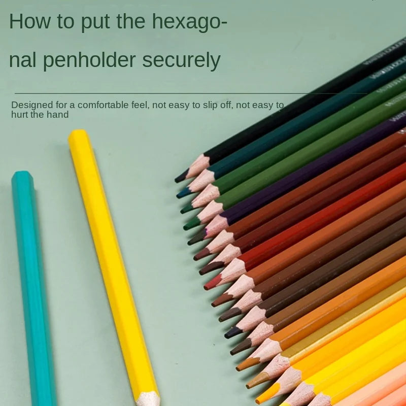 Colorful pencils arranged on a light green background with text about hexagonal penholders.