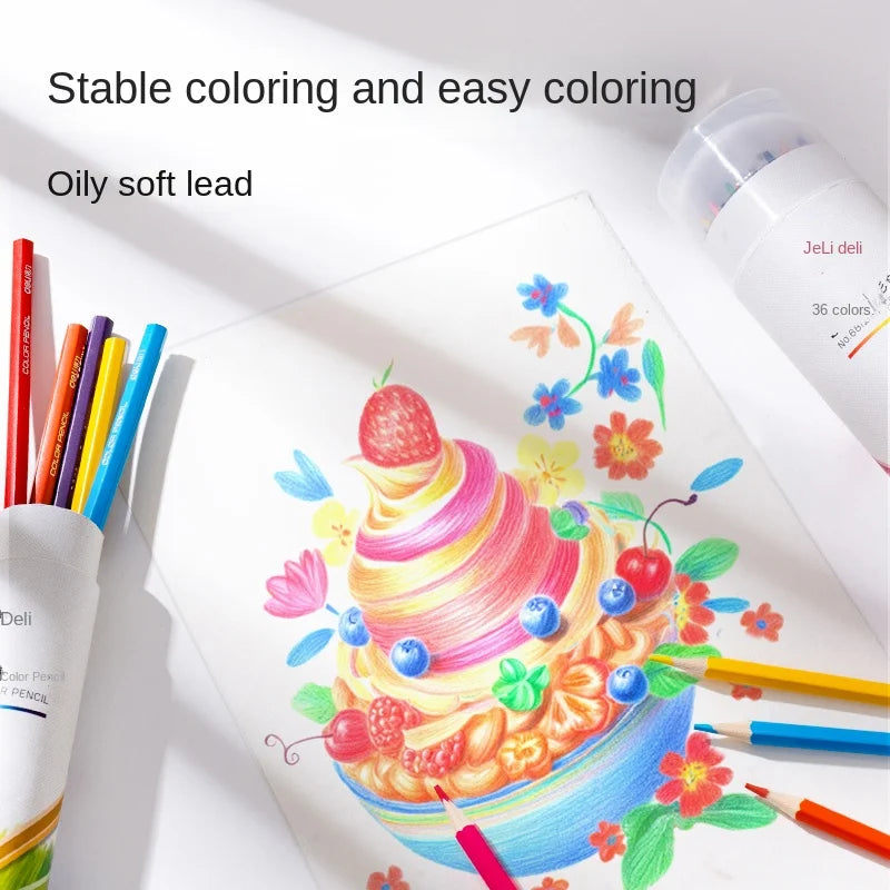 Coloring book with a colorful ice cream illustration and colored pencils on a white background.