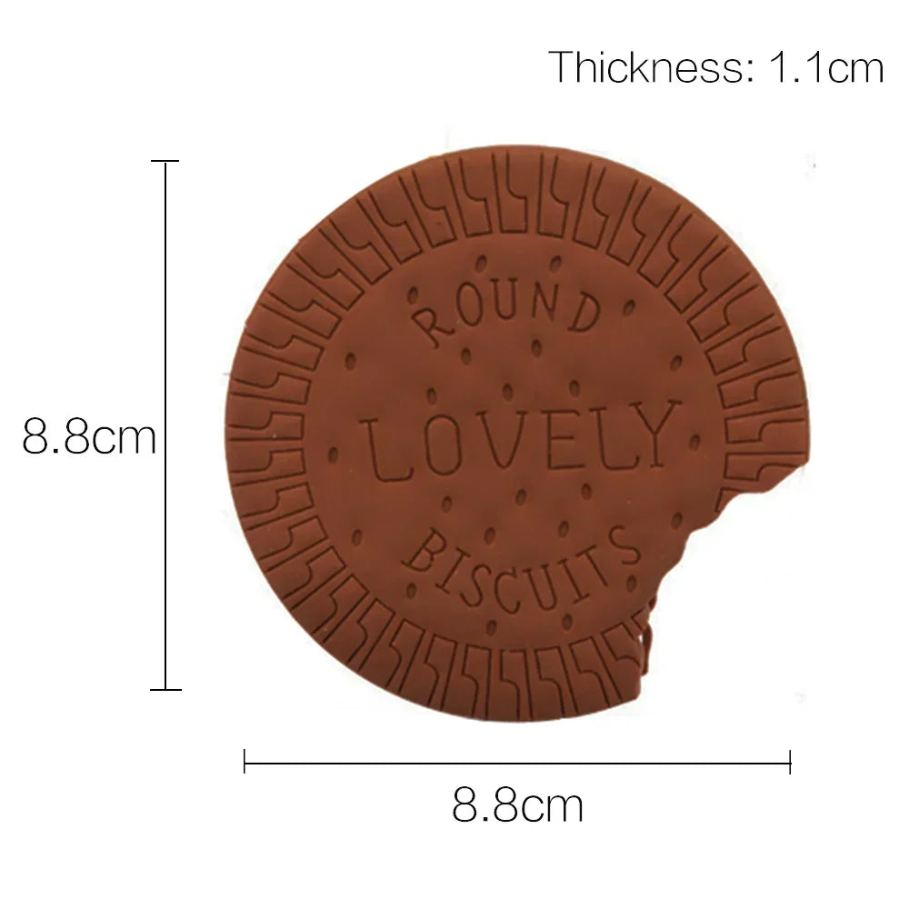 Brown round cookie-shaped object with 'Round Lovely Biscuits' text and measurements on a white background