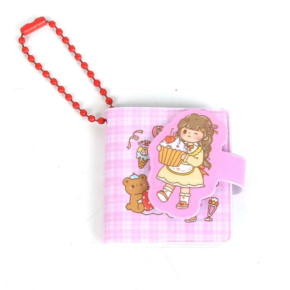 Pink checkered pouch with cartoon character and bear on a white background