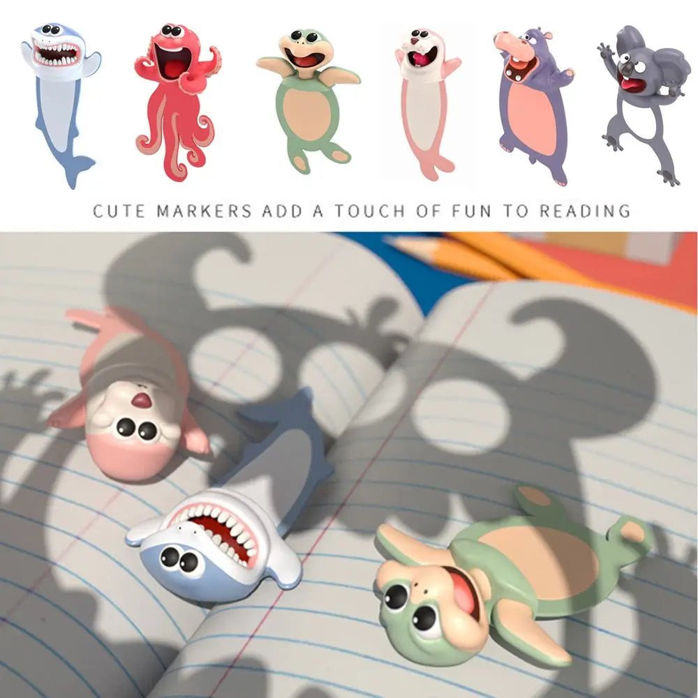 Set of cartoon animal markers on a notebook page with text 'Cute markers add a touch of fun to reading'.