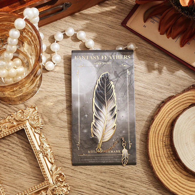 Fantasy Feathers product packaging on a wooden surface with decorative items.