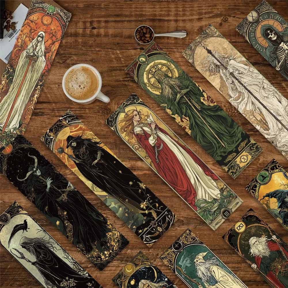 Collection of tarot cards and a cup of coffee on a wooden surface
