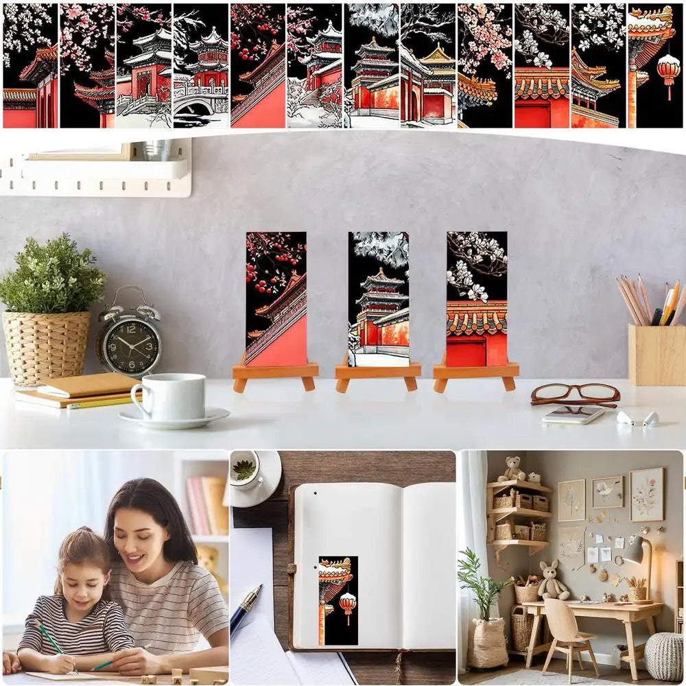 Collage of decorative prints with traditional architecture, cherry blossoms, and a family reading together.