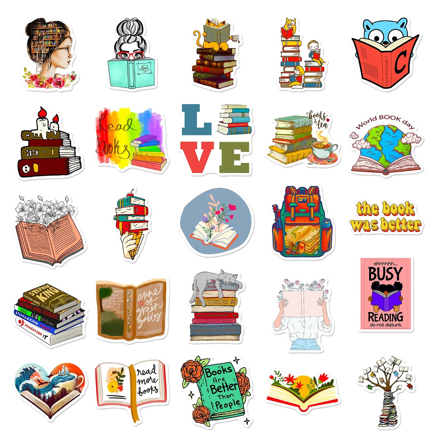 Collection of colorful book-themed stickers on a white background
