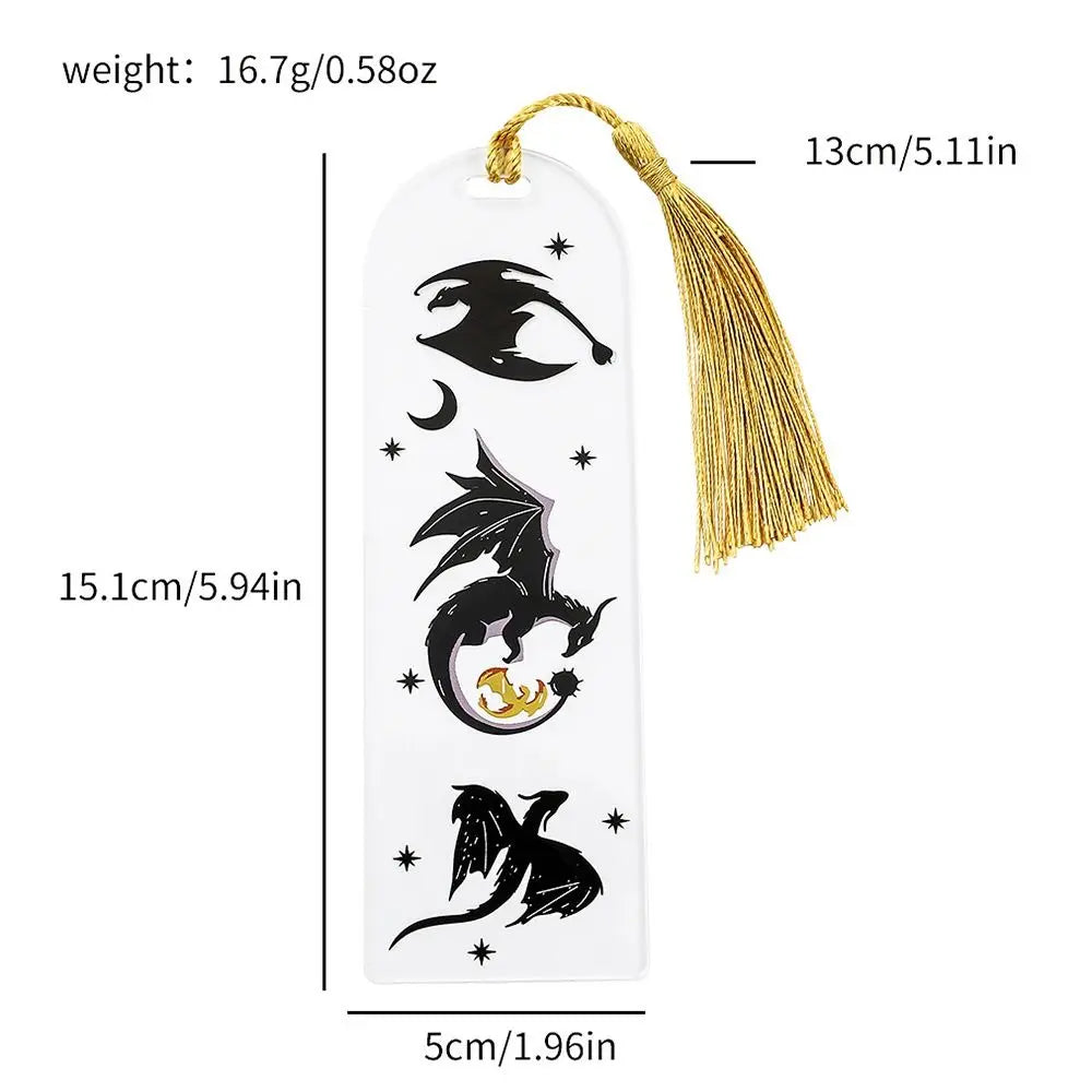 Bookmark with dragon design and gold tassel, showing measurements on a white background