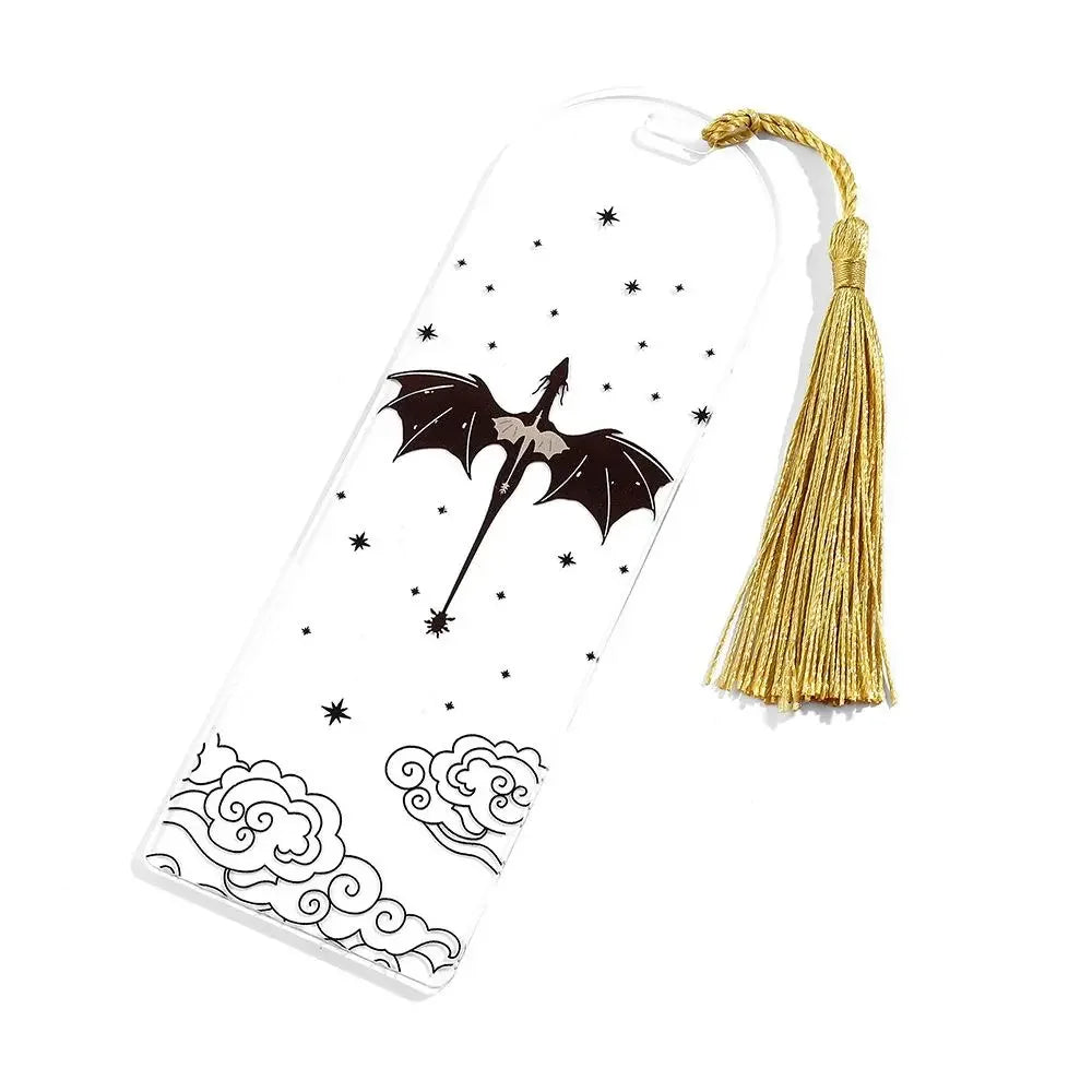 Decorative bookmark with a bat design, tassel, and cloud patterns on a white background
