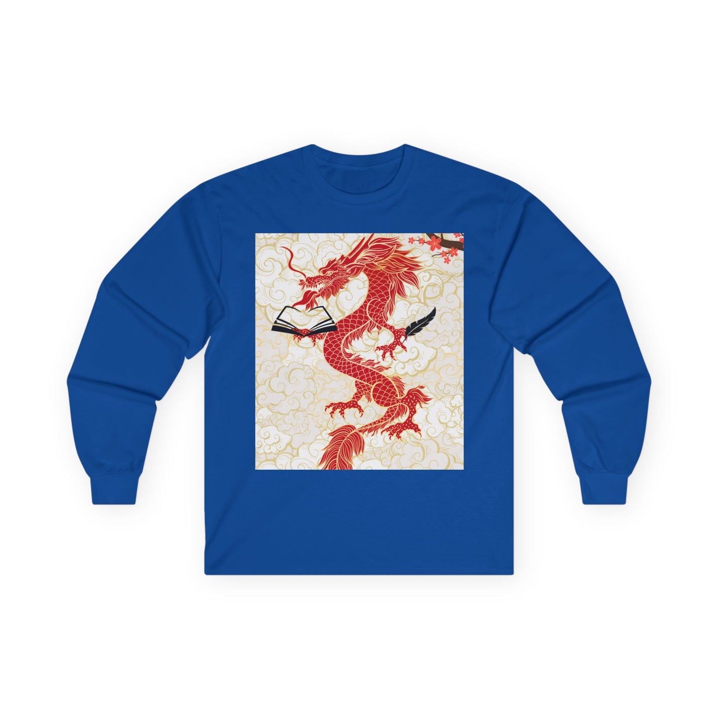 Blue long-sleeve shirt with a red dragon design on a white background