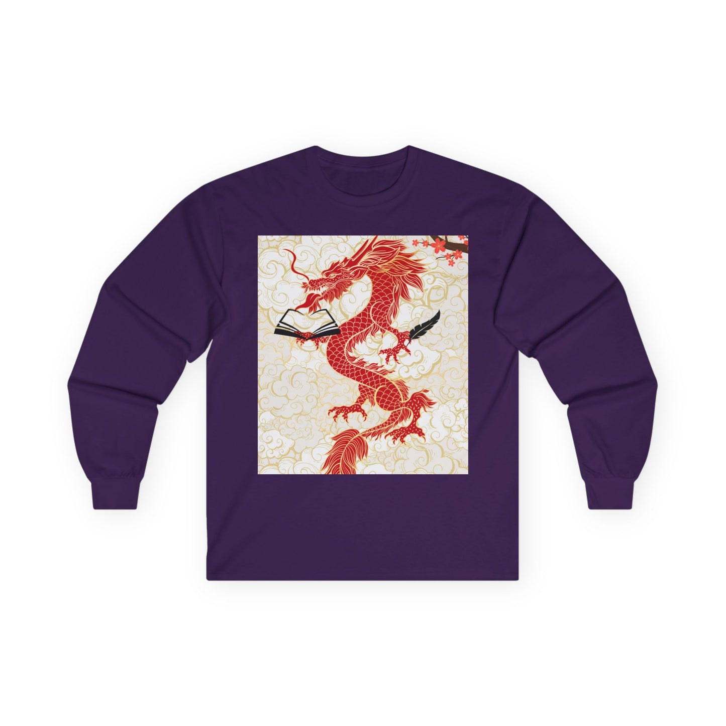 Purple long-sleeve shirt with a red dragon design on a white background