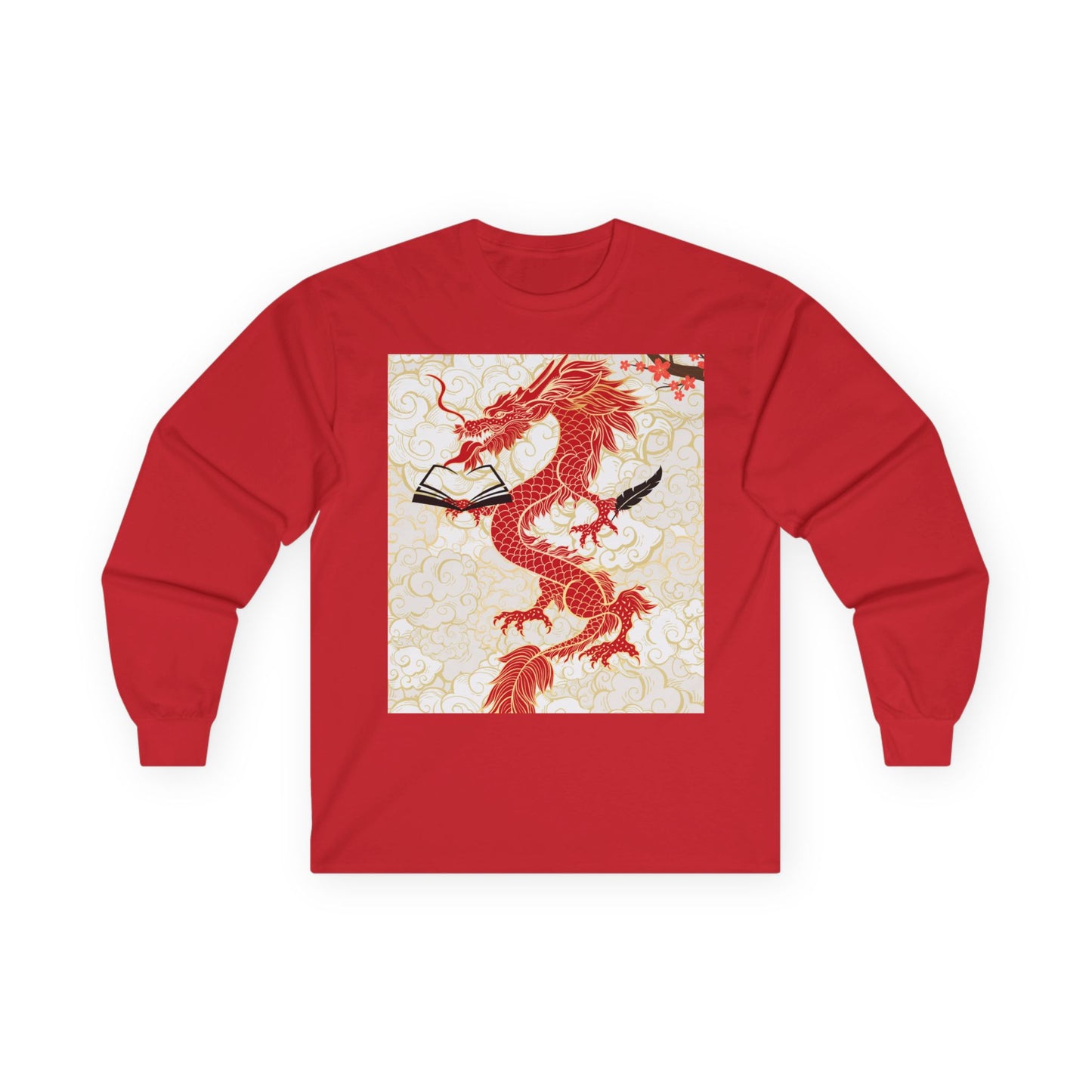 Red long-sleeve shirt with a dragon design on a white background