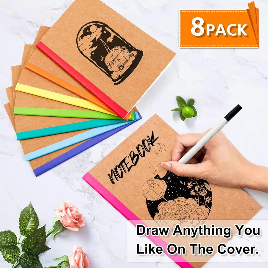 8-pack of brown notebooks with colorful ribbons and a hand holding a pen on a white background.
