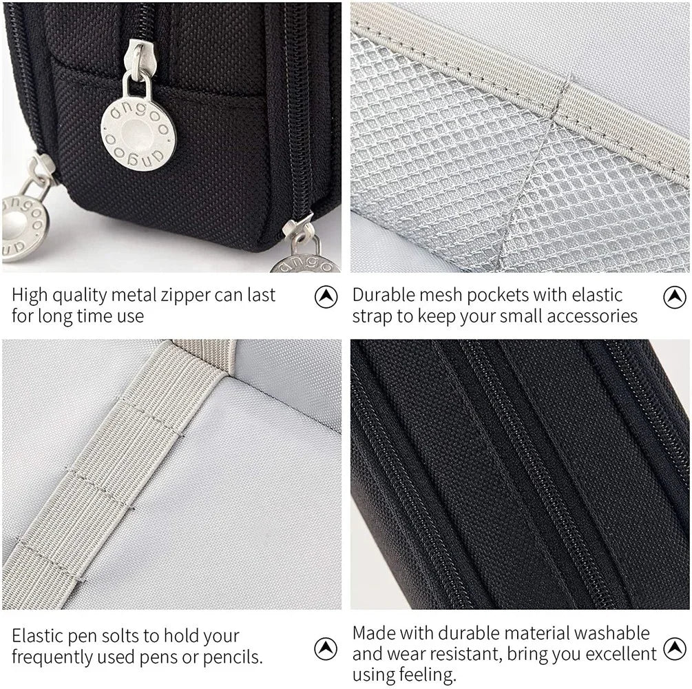 Collage of a black bag with features highlighted, including metal zipper, mesh pockets, pen slots, and durable material.