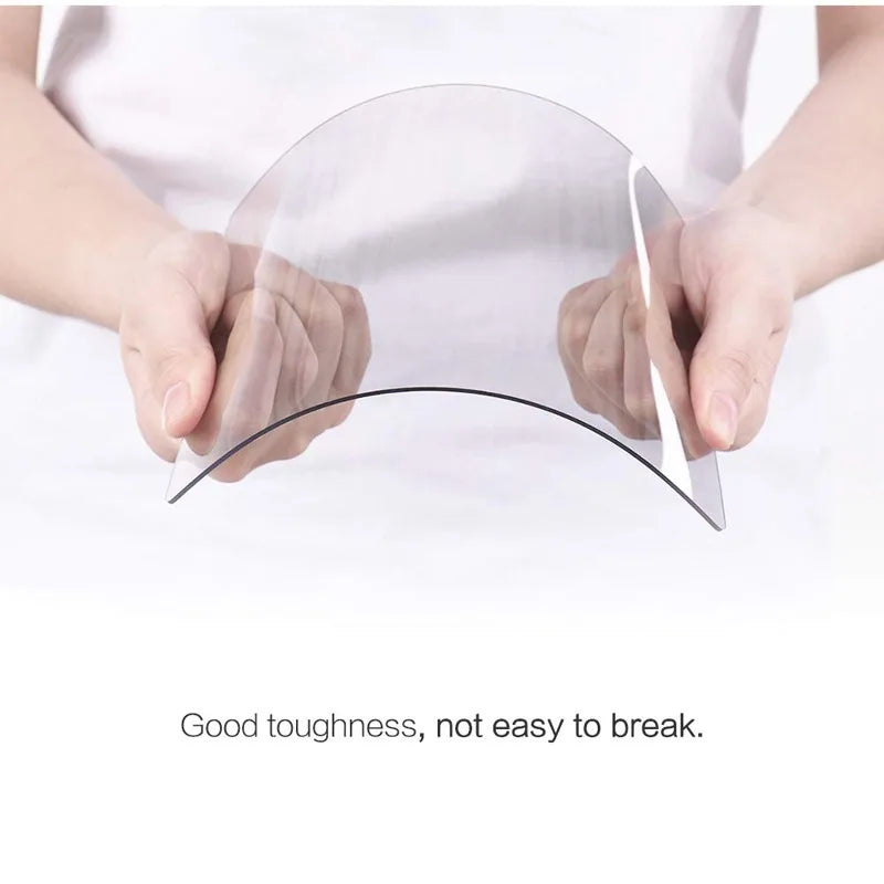 Clear plastic sheet being bent by hands with text 'Good toughness, not easy to break.'