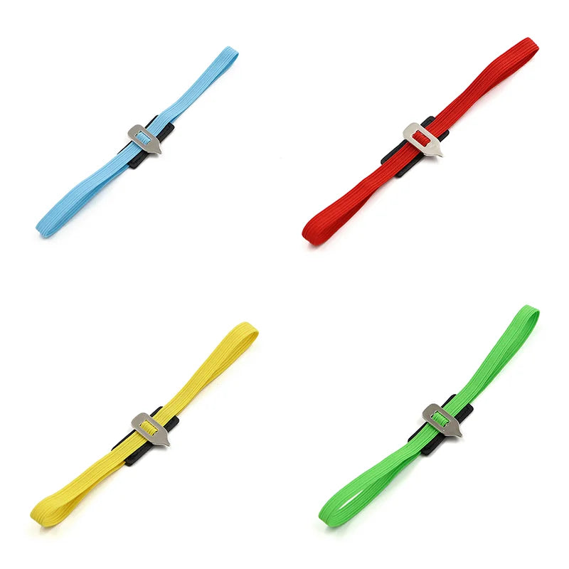 Four colorful dog leashes in blue, red, yellow, and green on a white background.