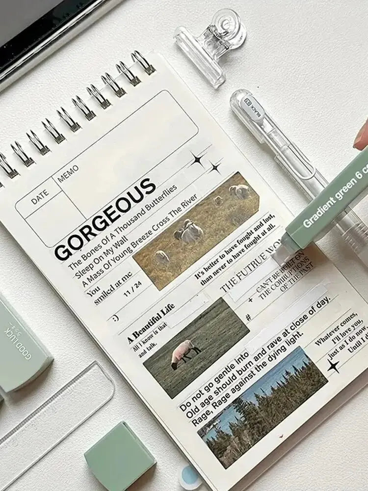 Notebook with writing and images on a light surface with stationery items.