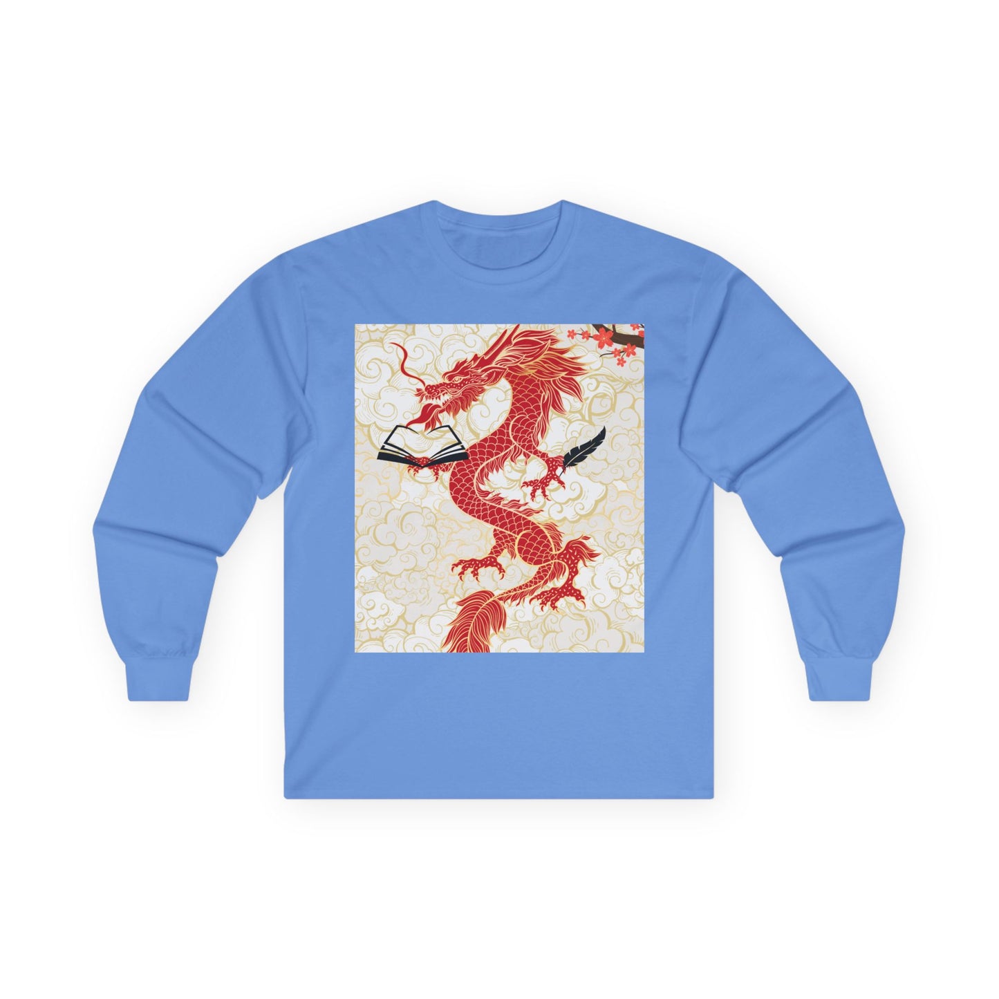 Blue long-sleeve shirt with a red dragon design on a white background