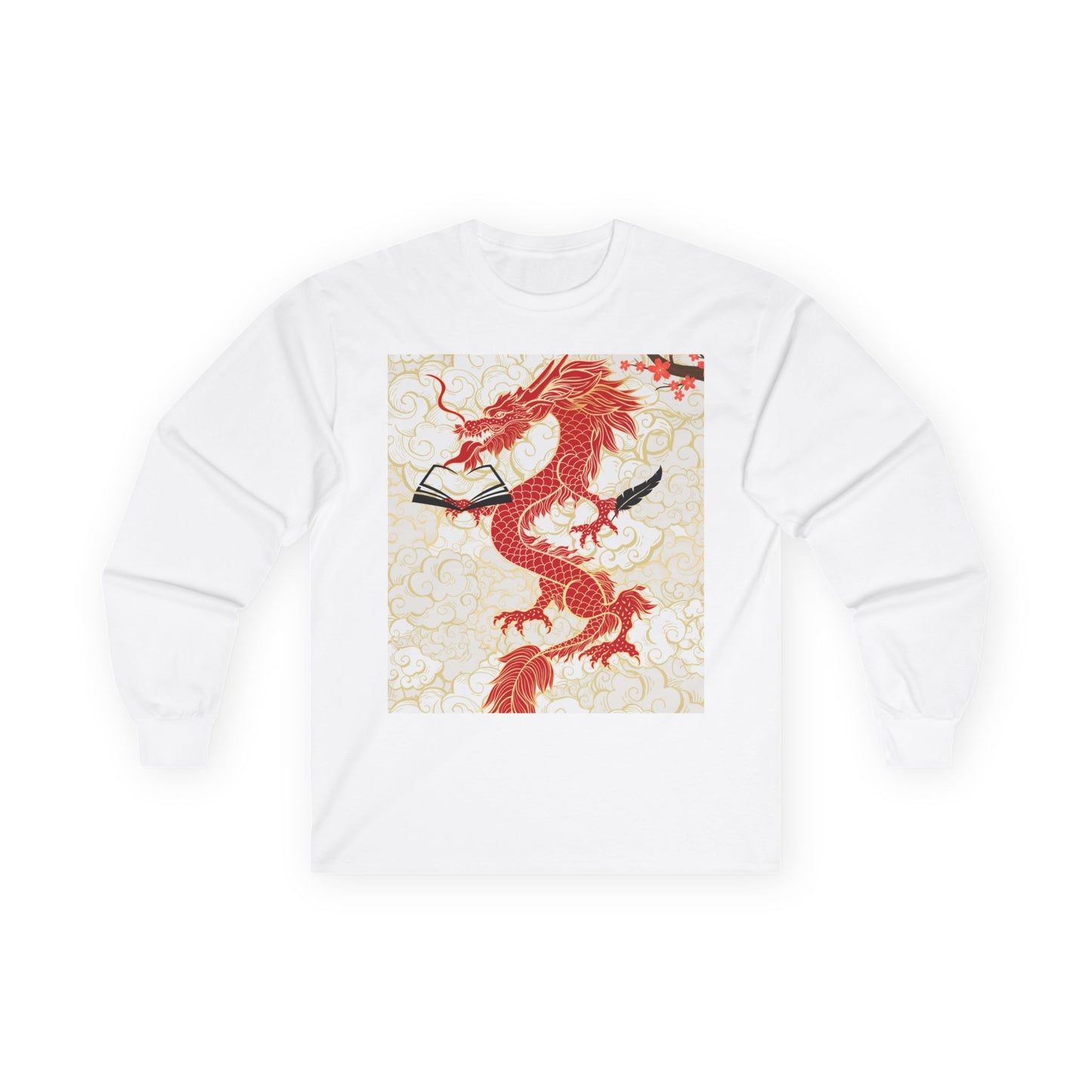 White sweatshirt with a red dragon design on a white background