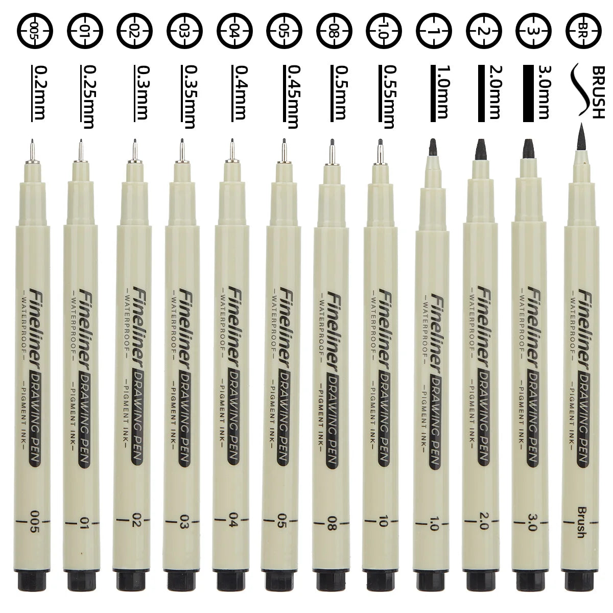 Set of Fineliner Drawing Pens with various tip sizes on a white background