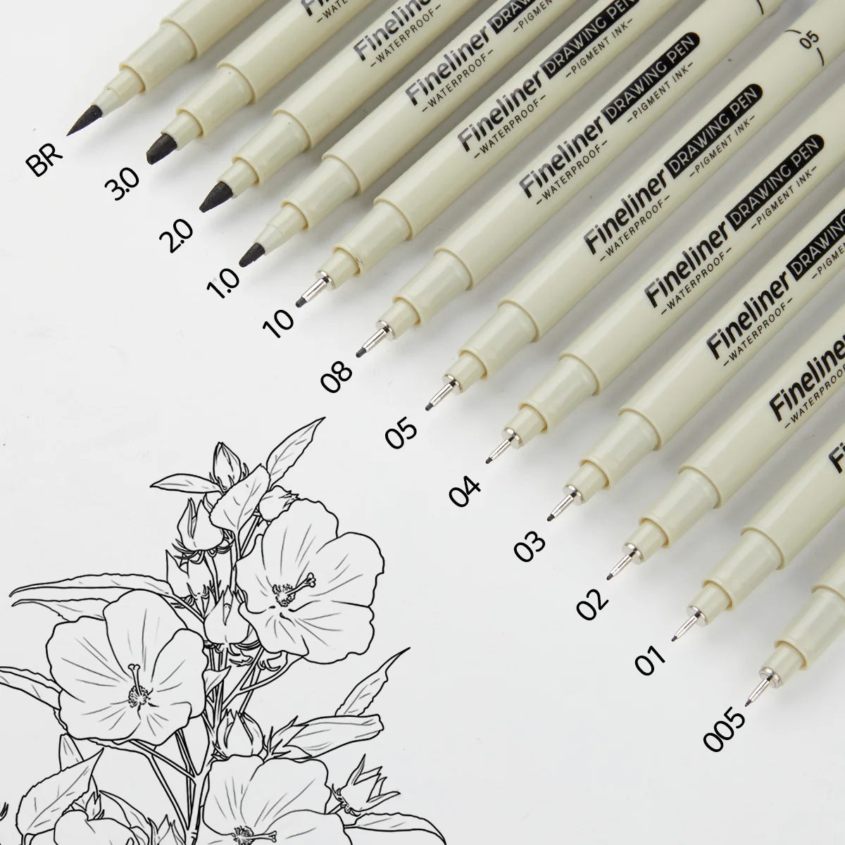 Set of Fineliner drawing pens with floral illustration on a white background