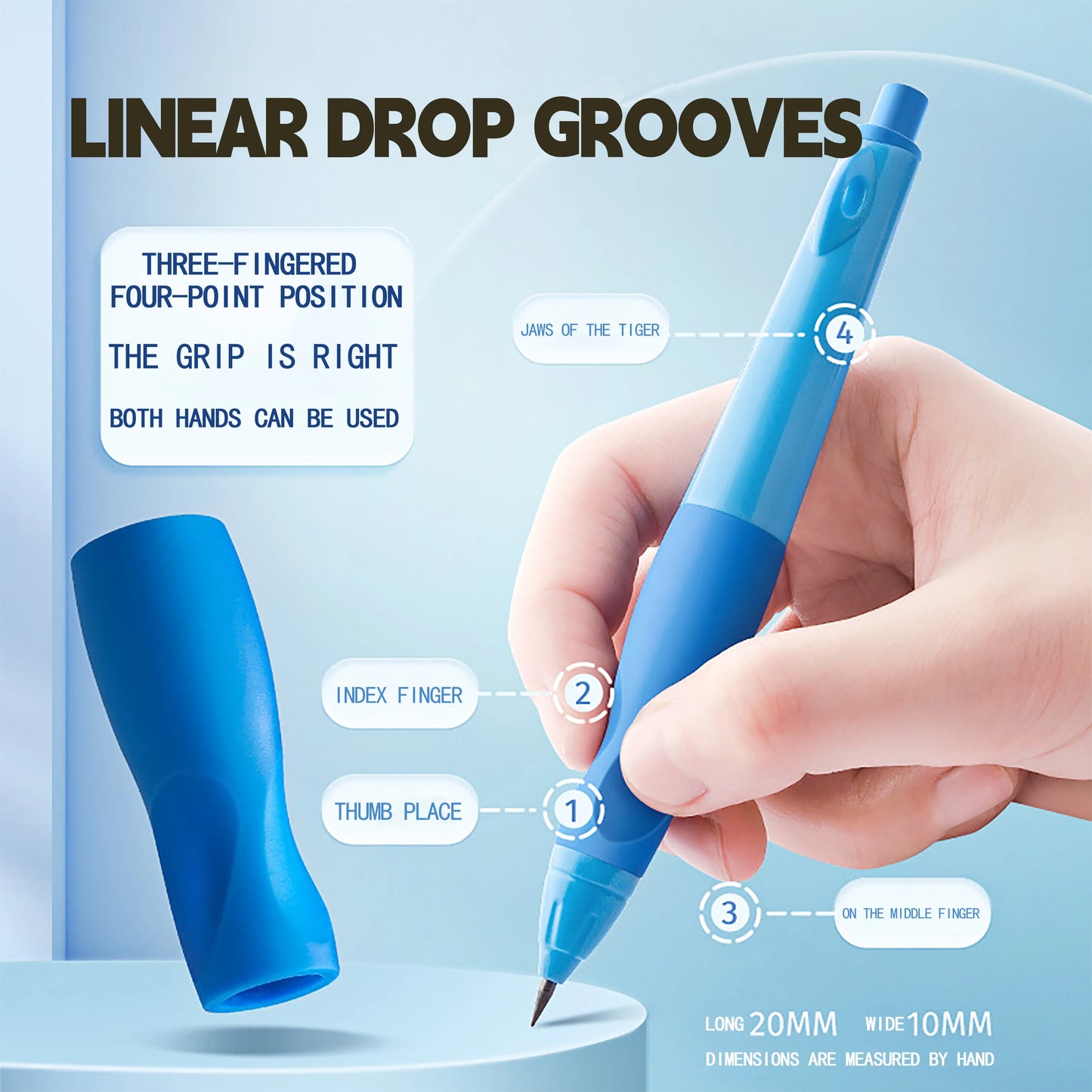 Blue pen with hand holding it, labeled for grip and design features on a light blue background.