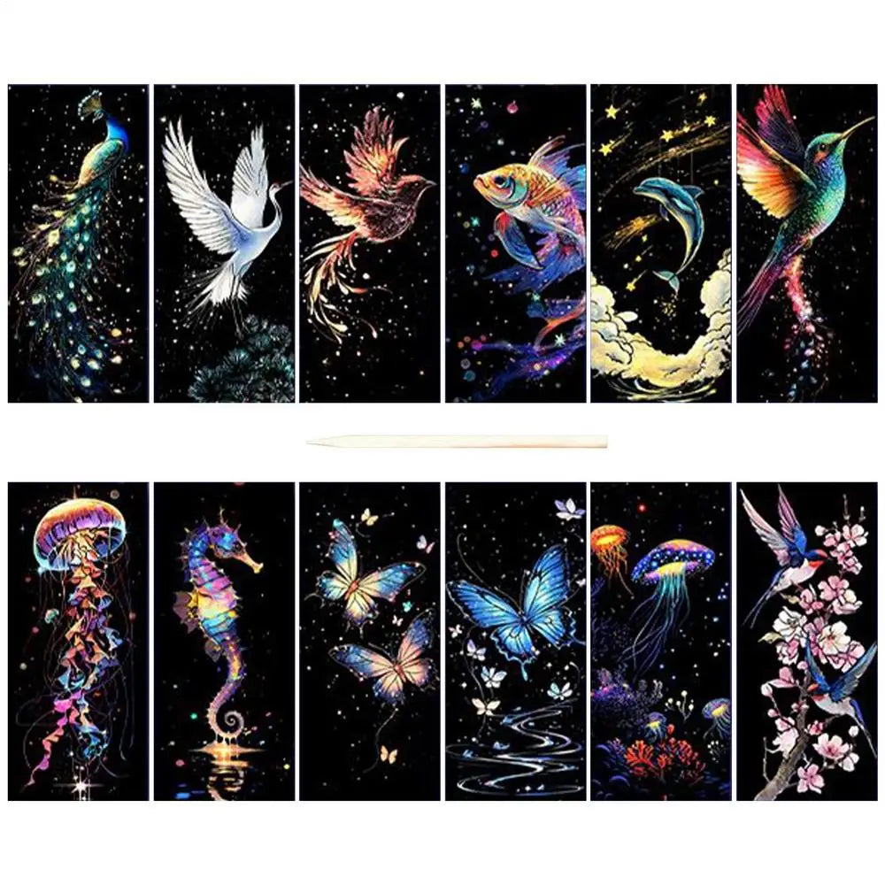 Set of diamond painting kits with various animals and nature-themed designs on a black background.